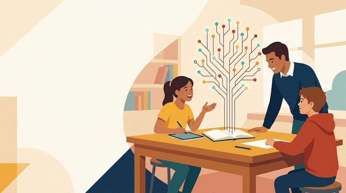 Illustration of a teacher working alongside students while a tree of glowing circuitry grows from an open book on their table